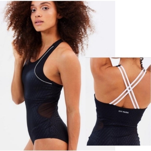 Ivy Park Beyoncé Mesh Panel One Piece Bodysuit Swimsuit Black Athletic Sz S - Picture 1 of 15